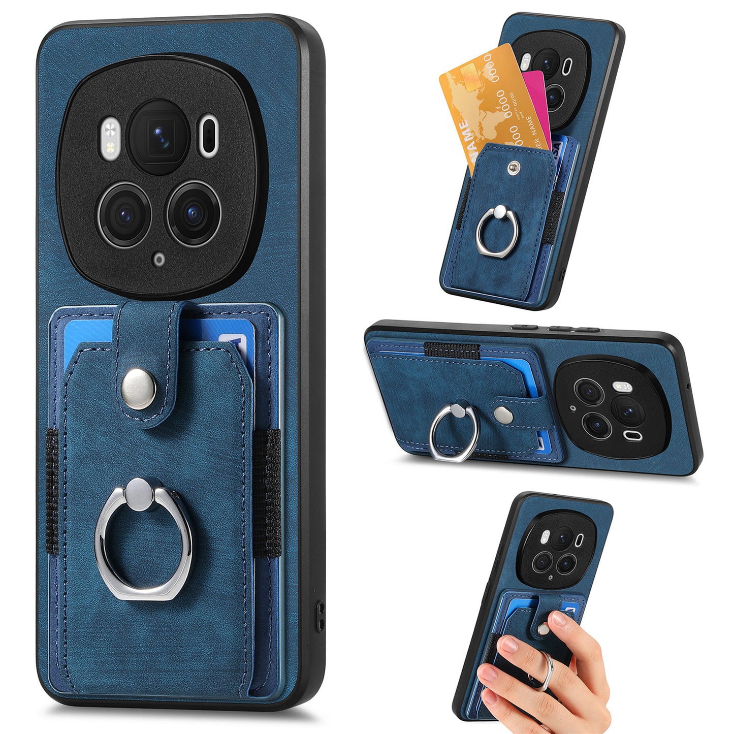 D2 for Honor Magic6 Pro 5G Case Card Slots Retro Leather Coated TPU Kickstand Cover - Blue