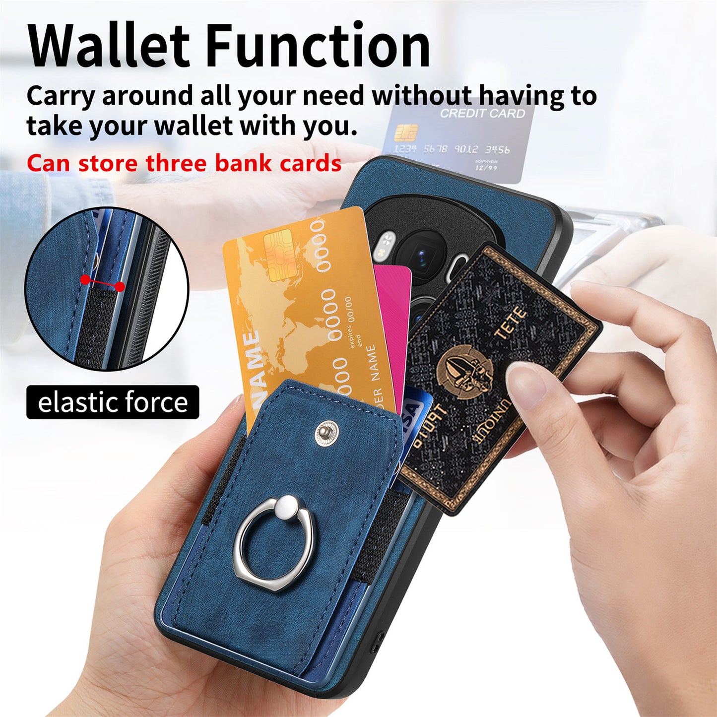 D2 for Honor Magic6 Pro 5G Case Card Slots Retro Leather Coated TPU Kickstand Cover - Blue