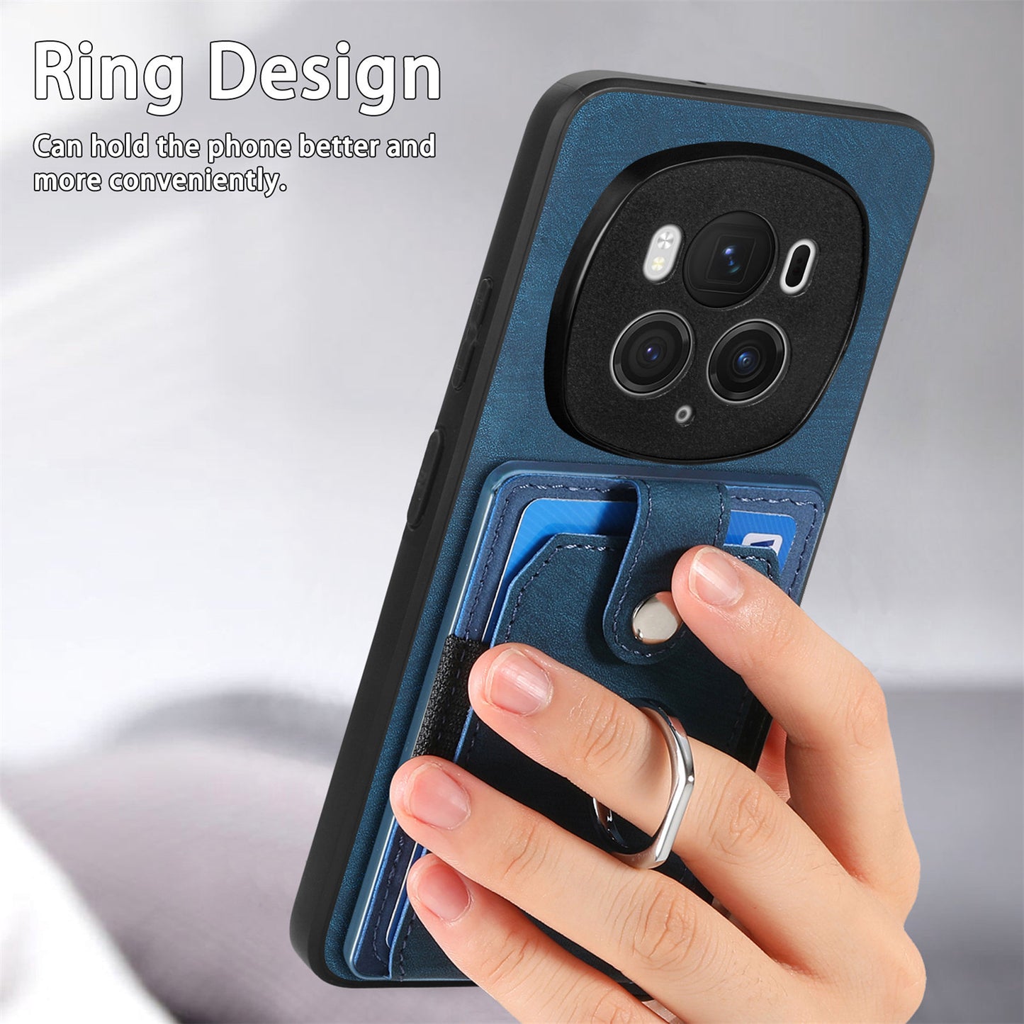 D2 for Honor Magic6 Pro 5G Case Card Slots Retro Leather Coated TPU Kickstand Cover - Blue