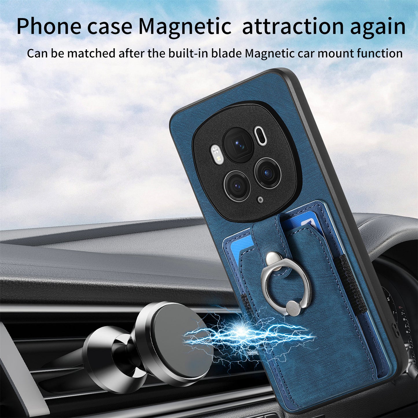 D2 for Honor Magic6 Pro 5G Case Card Slots Retro Leather Coated TPU Kickstand Cover - Blue