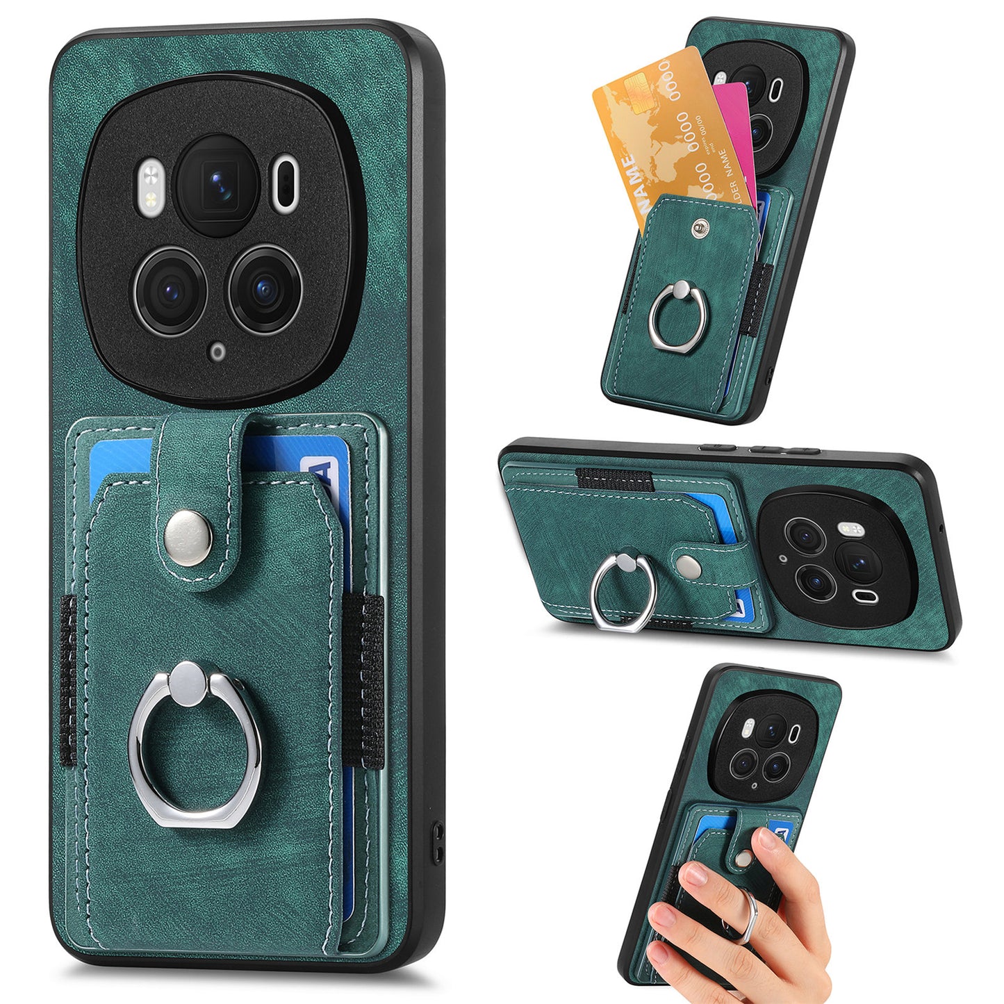 D2 for Honor Magic6 Pro 5G Case Card Slots Retro Leather Coated TPU Kickstand Cover - Green