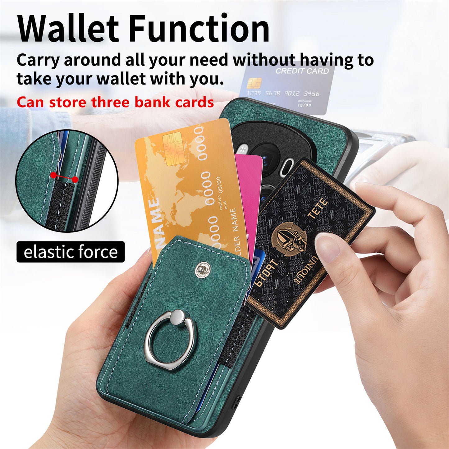 D2 for Honor Magic6 Pro 5G Case Card Slots Retro Leather Coated TPU Kickstand Cover - Green