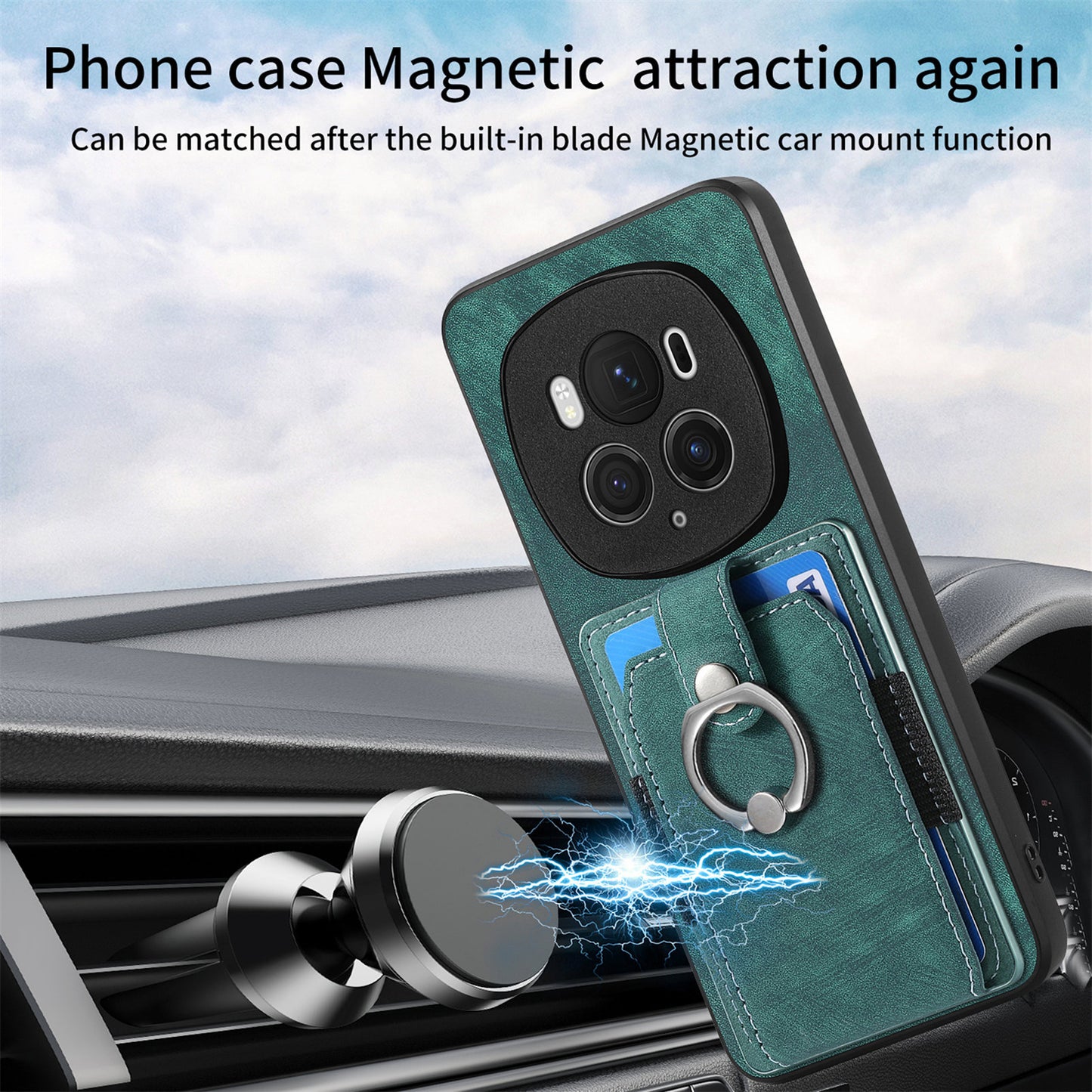 D2 for Honor Magic6 Pro 5G Case Card Slots Retro Leather Coated TPU Kickstand Cover - Green