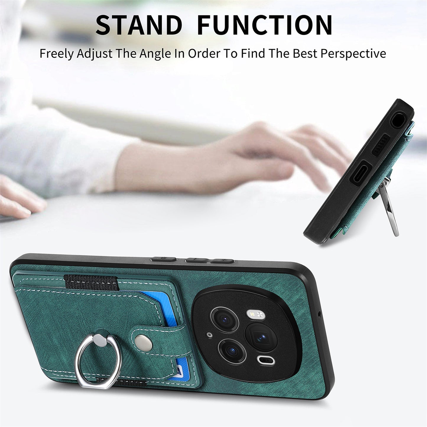 D2 for Honor Magic6 Pro 5G Case Card Slots Retro Leather Coated TPU Kickstand Cover - Green