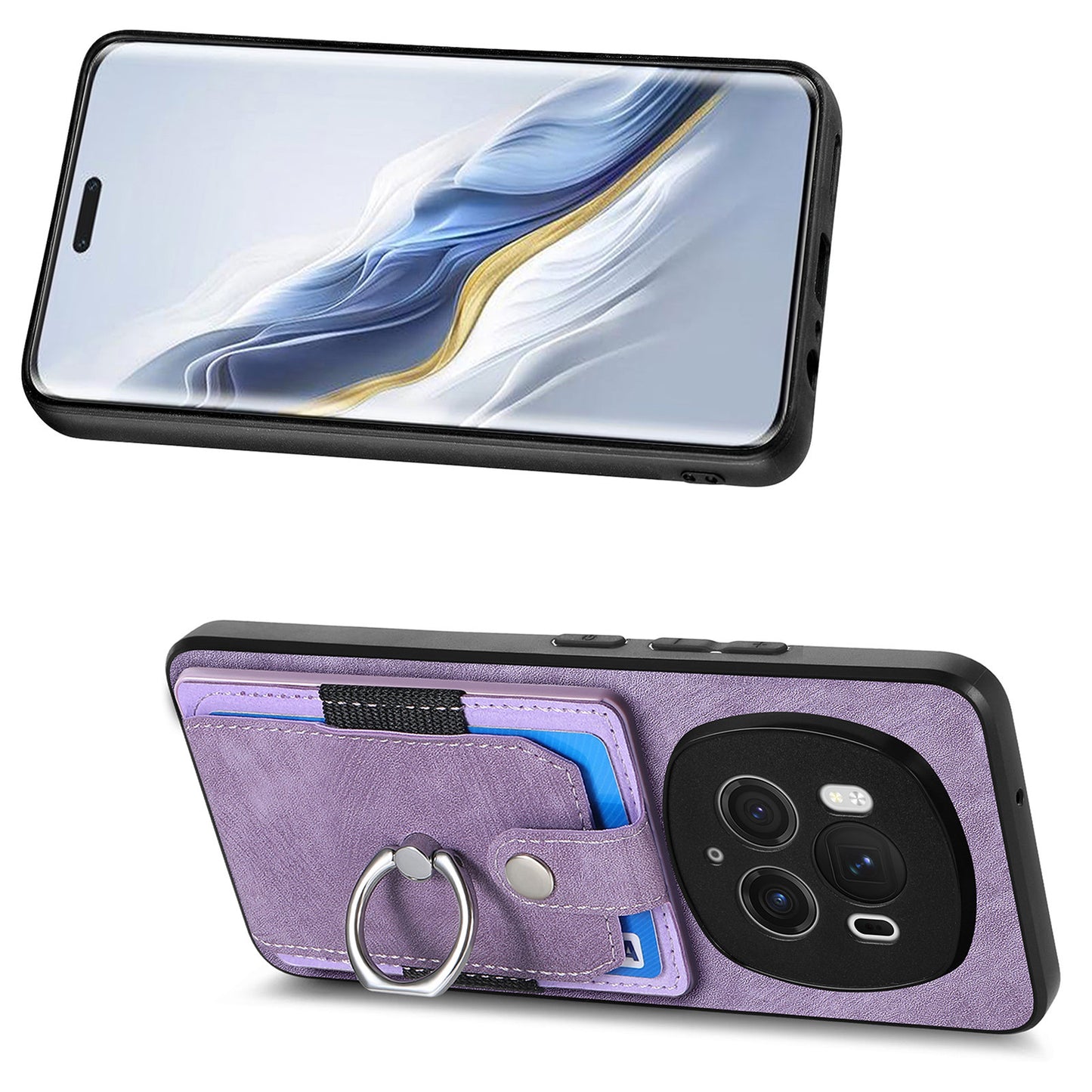 D2 for Honor Magic6 Pro 5G Case Card Slots Retro Leather Coated TPU Kickstand Cover - Purple