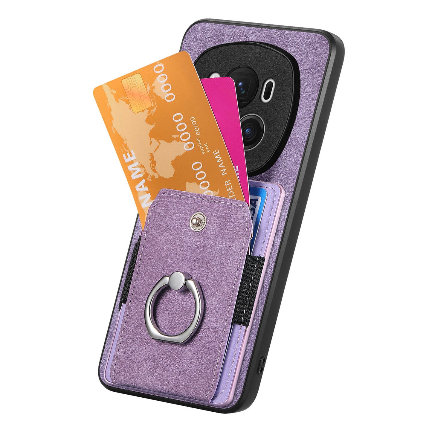 D2 for Honor Magic6 Pro 5G Case Card Slots Retro Leather Coated TPU Kickstand Cover - Purple