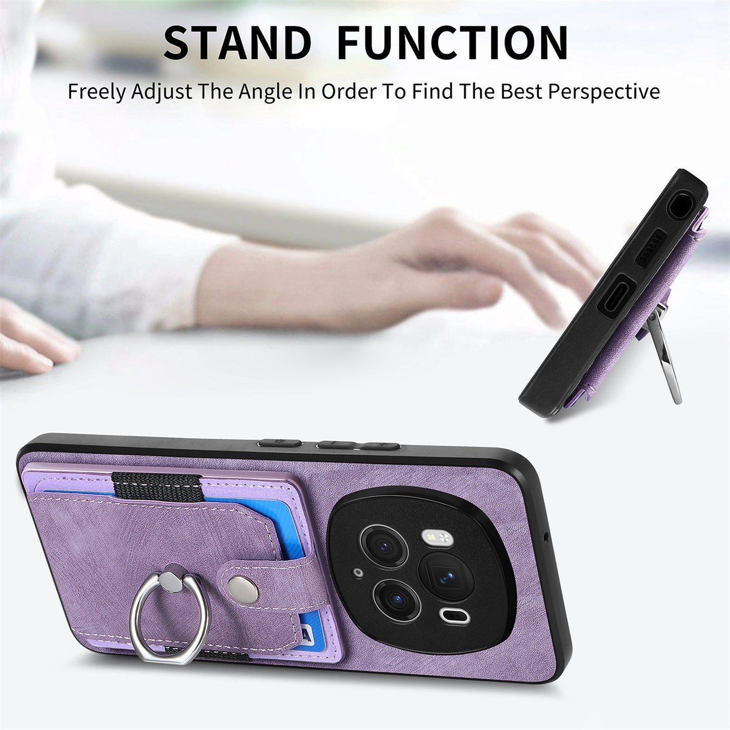 D2 for Honor Magic6 Pro 5G Case Card Slots Retro Leather Coated TPU Kickstand Cover - Purple