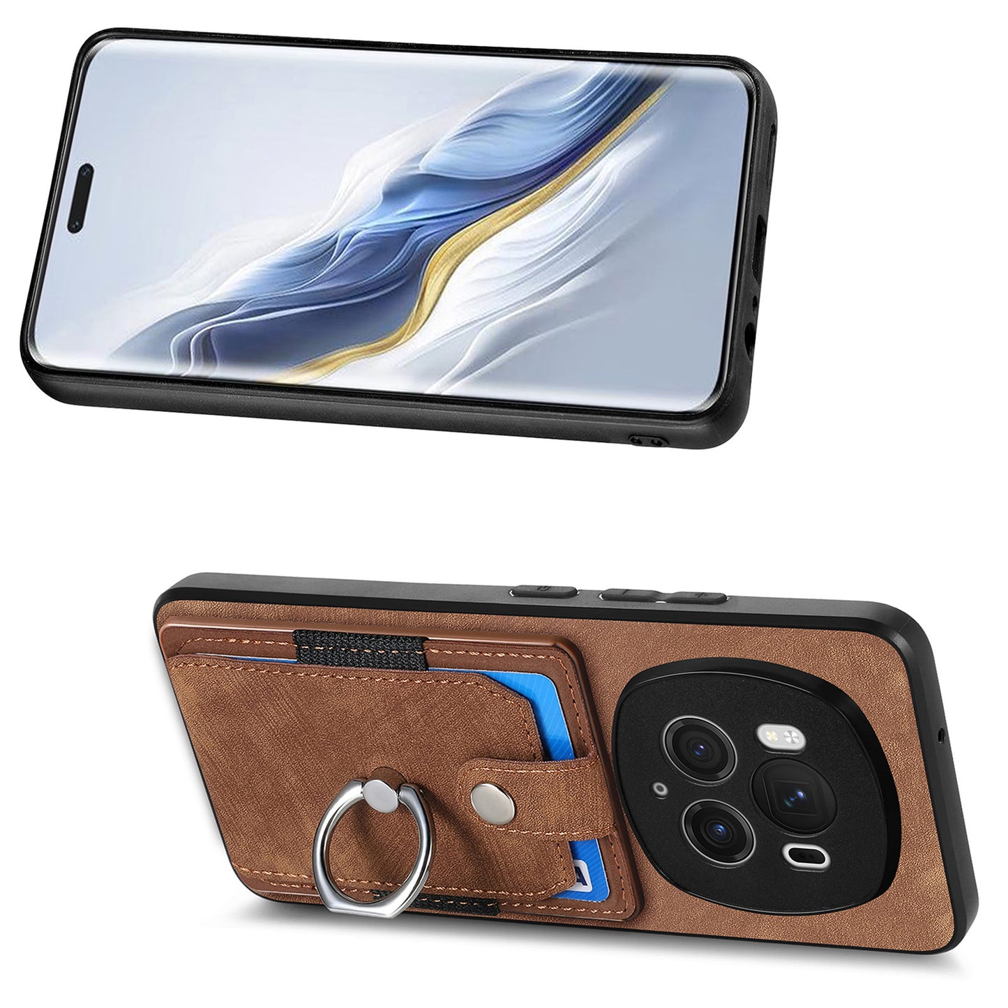 D2 for Honor Magic6 Pro 5G Case Card Slots Retro Leather Coated TPU Kickstand Cover - Brown