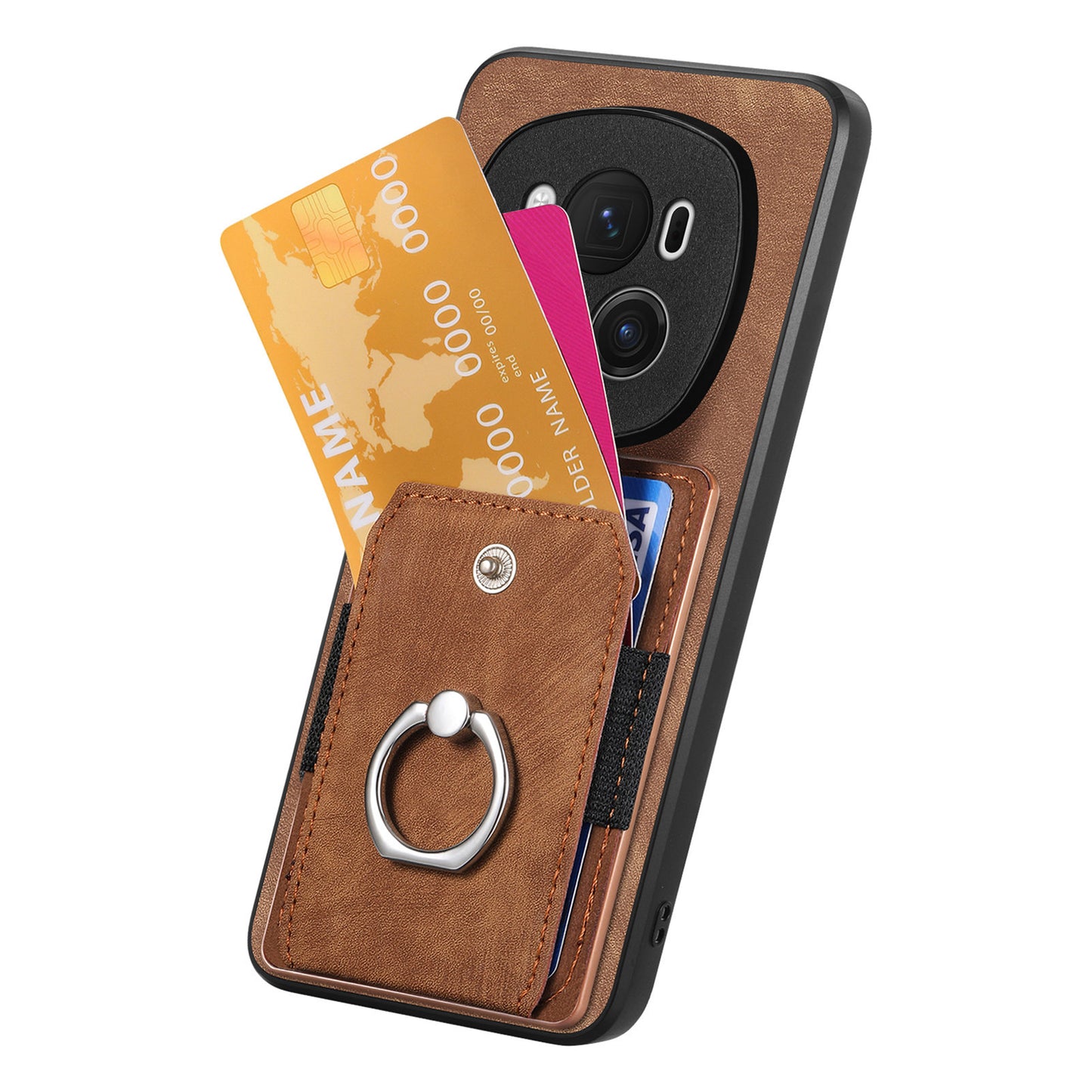 D2 for Honor Magic6 Pro 5G Case Card Slots Retro Leather Coated TPU Kickstand Cover - Brown