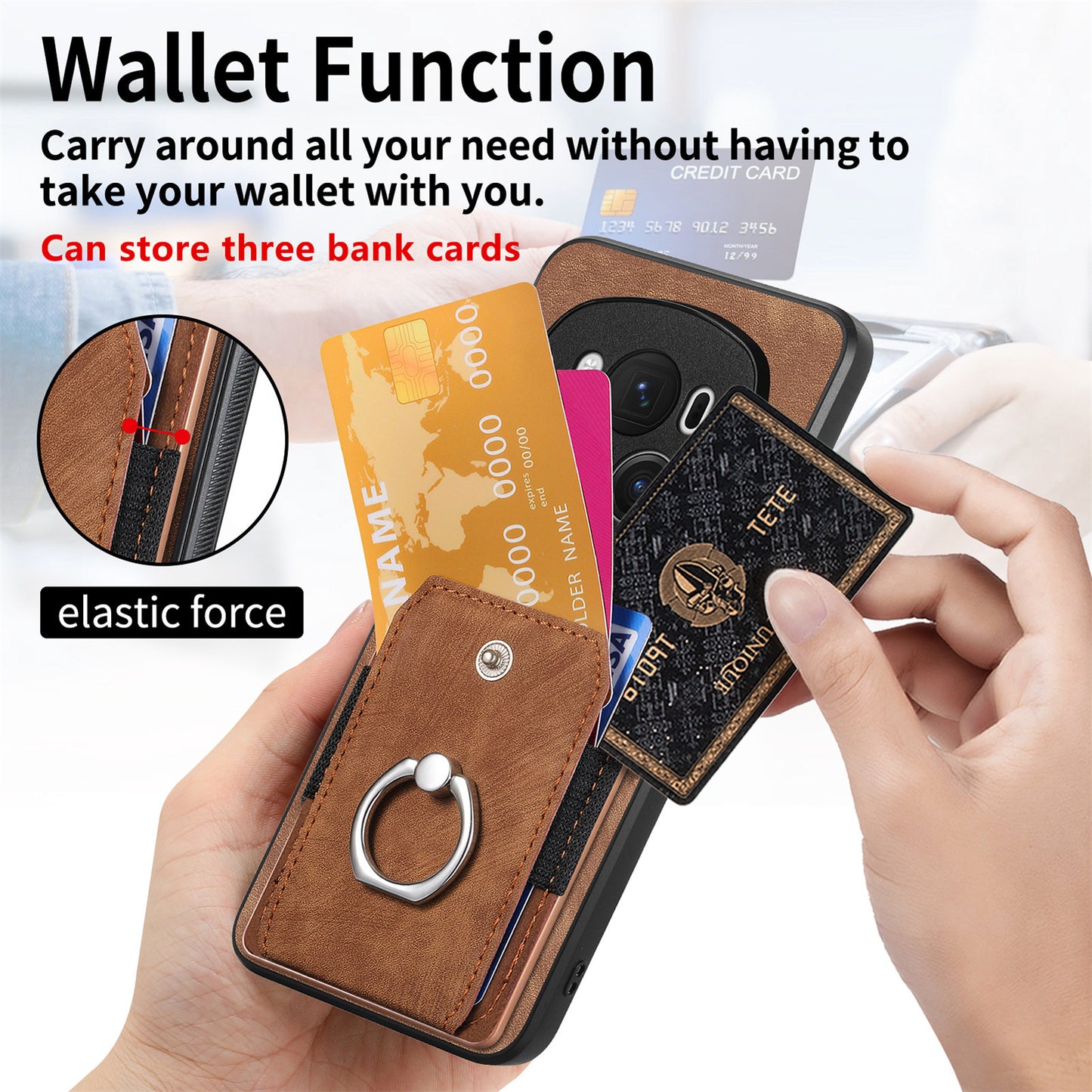 D2 for Honor Magic6 Pro 5G Case Card Slots Retro Leather Coated TPU Kickstand Cover - Brown