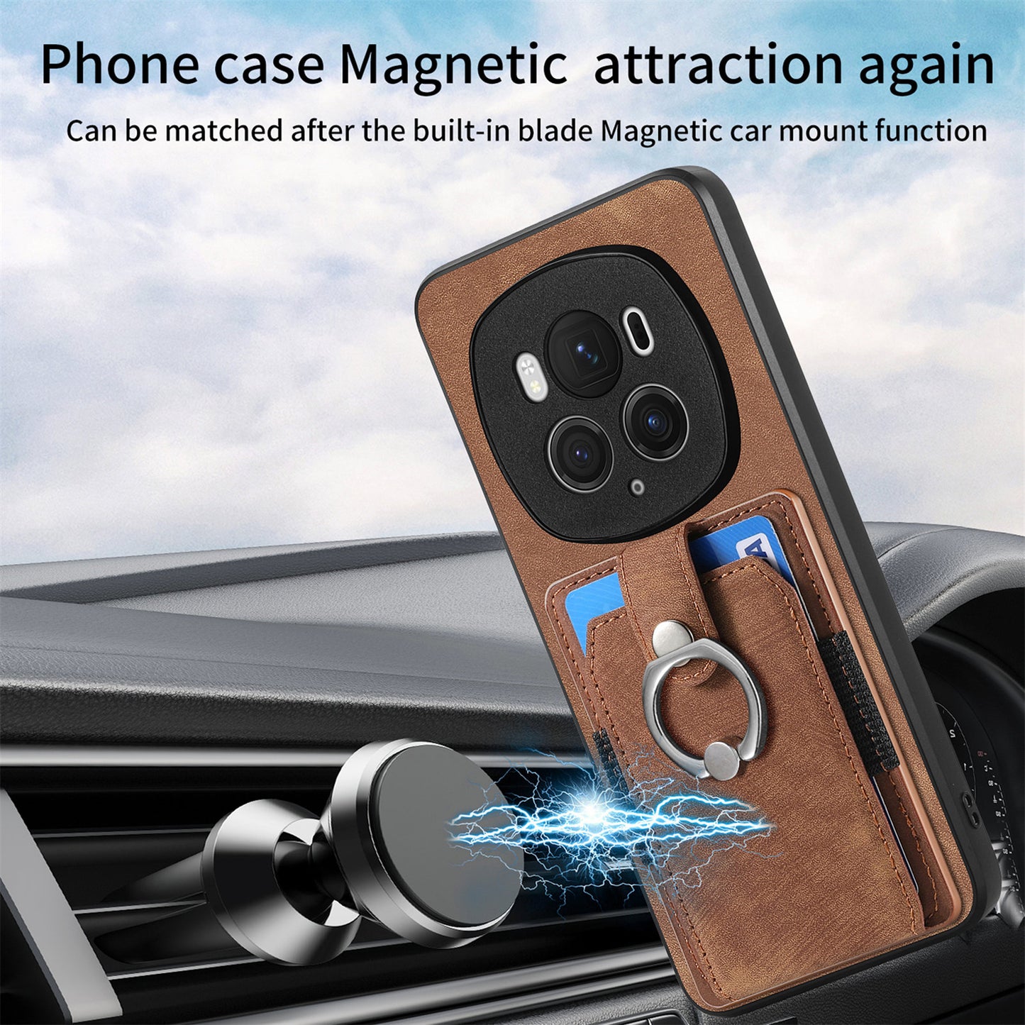 D2 for Honor Magic6 Pro 5G Case Card Slots Retro Leather Coated TPU Kickstand Cover - Brown