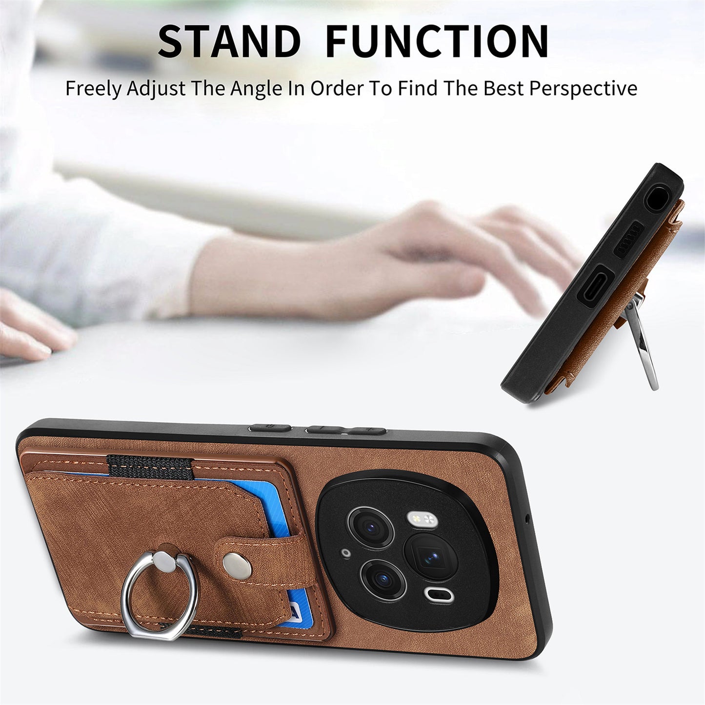 D2 for Honor Magic6 Pro 5G Case Card Slots Retro Leather Coated TPU Kickstand Cover - Brown