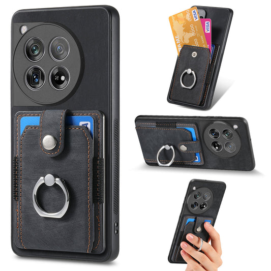 D2 Phone Cover for OnePlus 12 5G Case Retro Drop-resistant Leather+TPU Kickstand Shell - Black