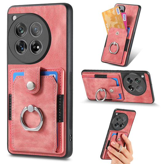 D2 Phone Cover for OnePlus 12 5G Case Retro Drop-resistant Leather+TPU Kickstand Shell - Pink