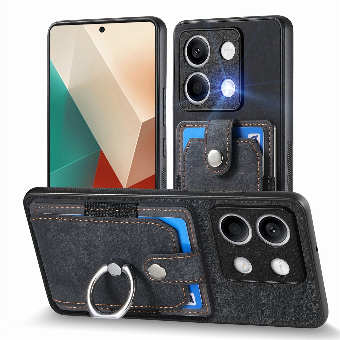 D2 for Xiaomi Redmi Note 13 4G Case Card Slots Retro Leather Coated TPU Kickstand Cover - Black
