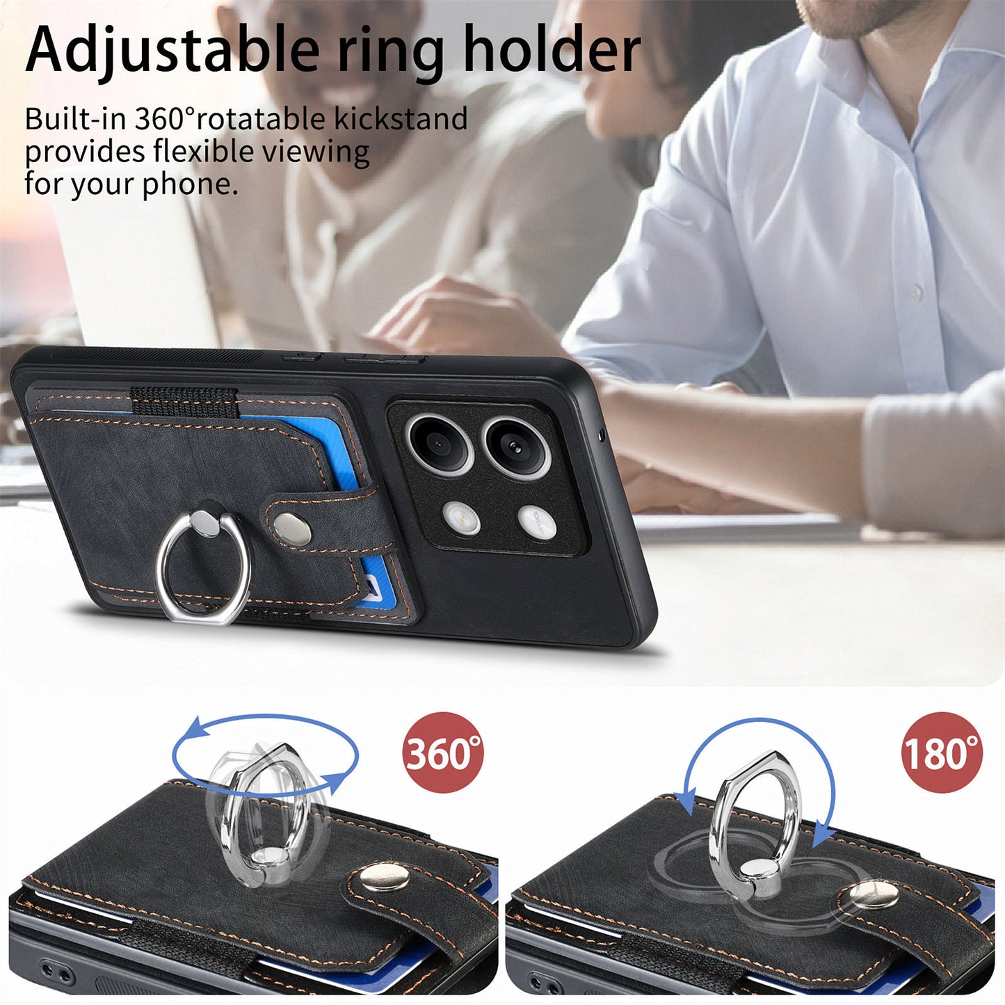 D2 for Xiaomi Redmi Note 13 4G Case Card Slots Retro Leather Coated TPU Kickstand Cover - Black