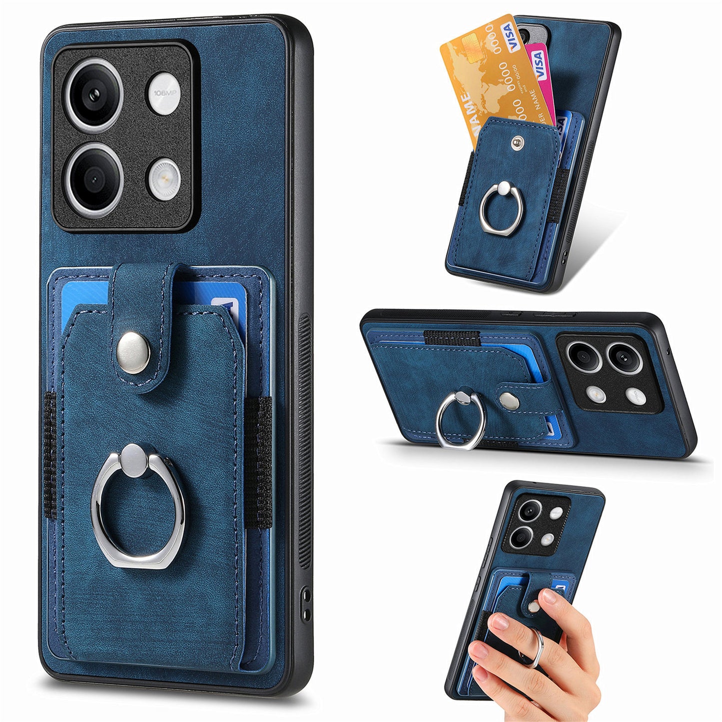 D2 for Xiaomi Redmi Note 13 4G Case Card Slots Retro Leather Coated TPU Kickstand Cover - Blue