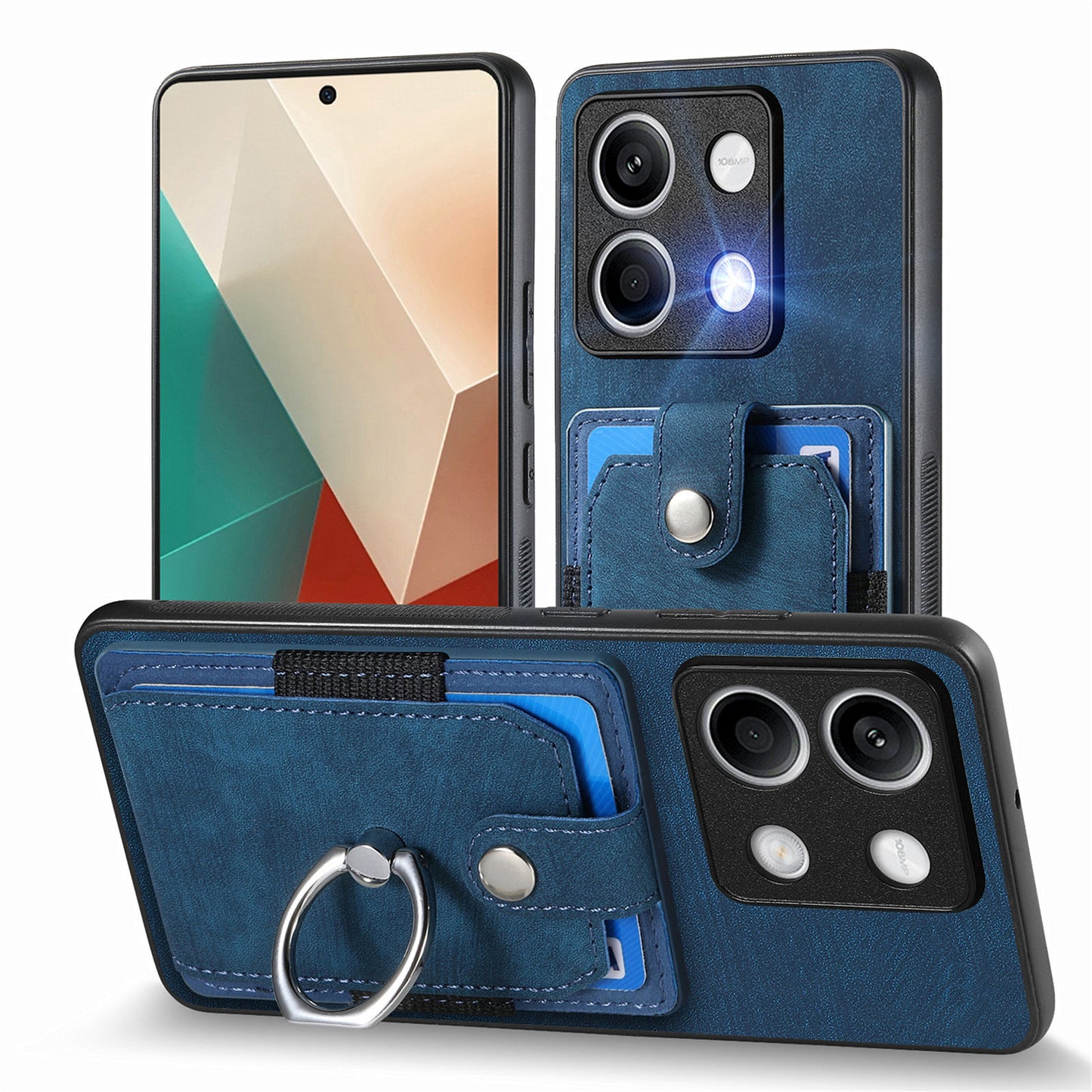 D2 for Xiaomi Redmi Note 13 4G Case Card Slots Retro Leather Coated TPU Kickstand Cover - Blue