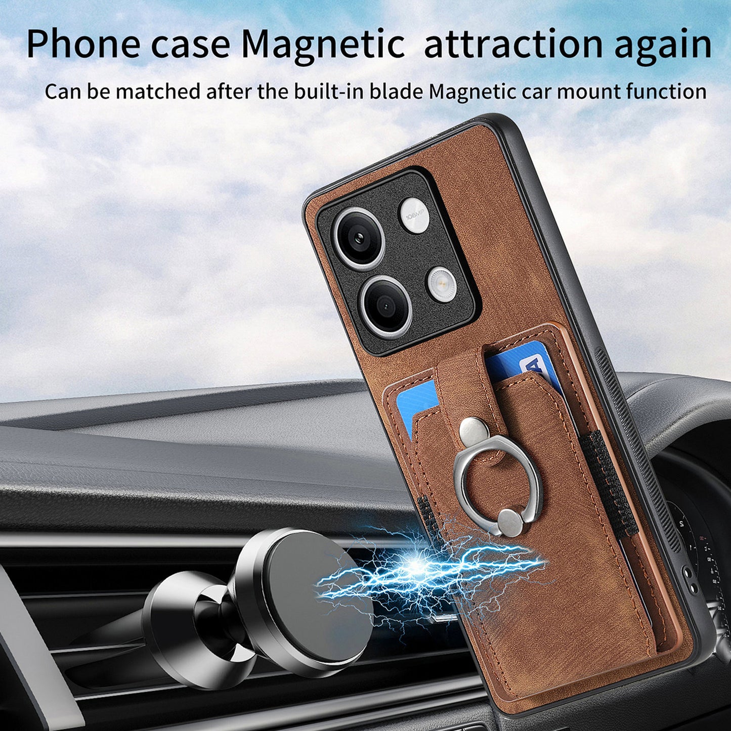 D2 for Xiaomi Redmi Note 13 4G Case Card Slots Retro Leather Coated TPU Kickstand Cover - Brown