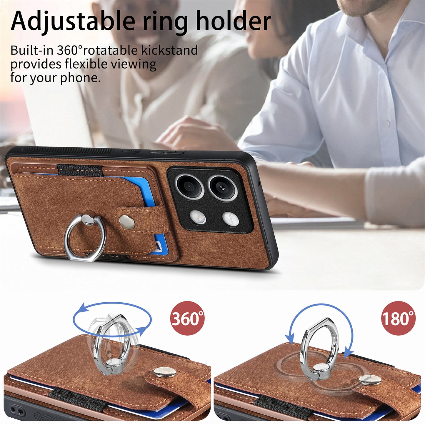 D2 for Xiaomi Redmi Note 13 4G Case Card Slots Retro Leather Coated TPU Kickstand Cover - Brown