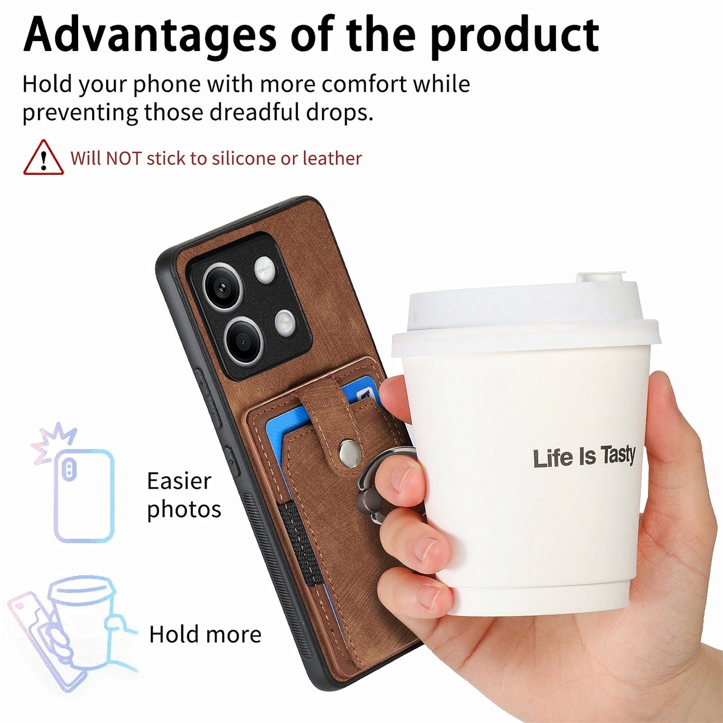 D2 for Xiaomi Redmi Note 13 4G Case Card Slots Retro Leather Coated TPU Kickstand Cover - Brown