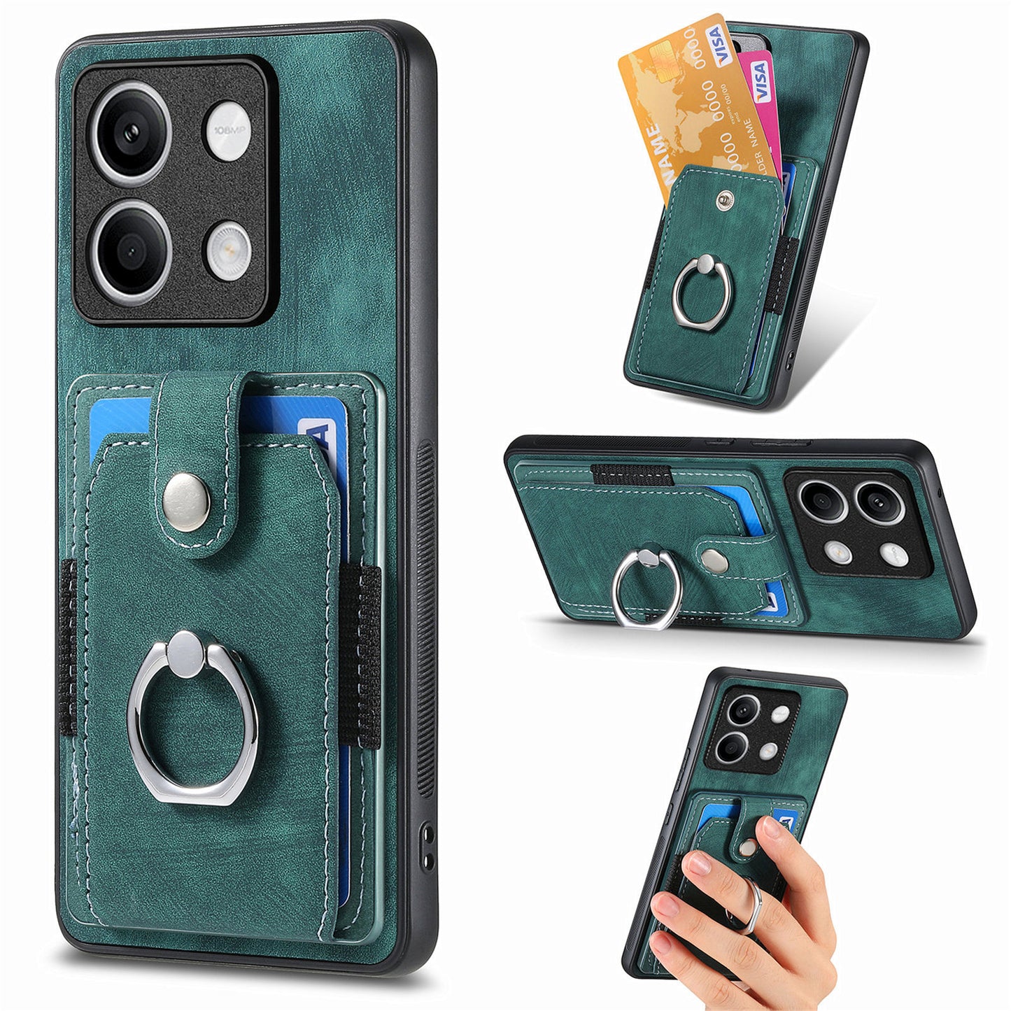D2 for Xiaomi Redmi Note 13 4G Case Card Slots Retro Leather Coated TPU Kickstand Cover - Green