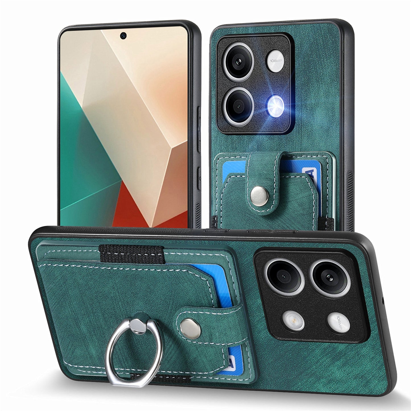 D2 for Xiaomi Redmi Note 13 4G Case Card Slots Retro Leather Coated TPU Kickstand Cover - Green