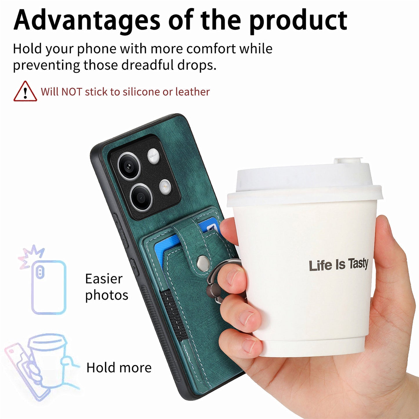 D2 for Xiaomi Redmi Note 13 4G Case Card Slots Retro Leather Coated TPU Kickstand Cover - Green