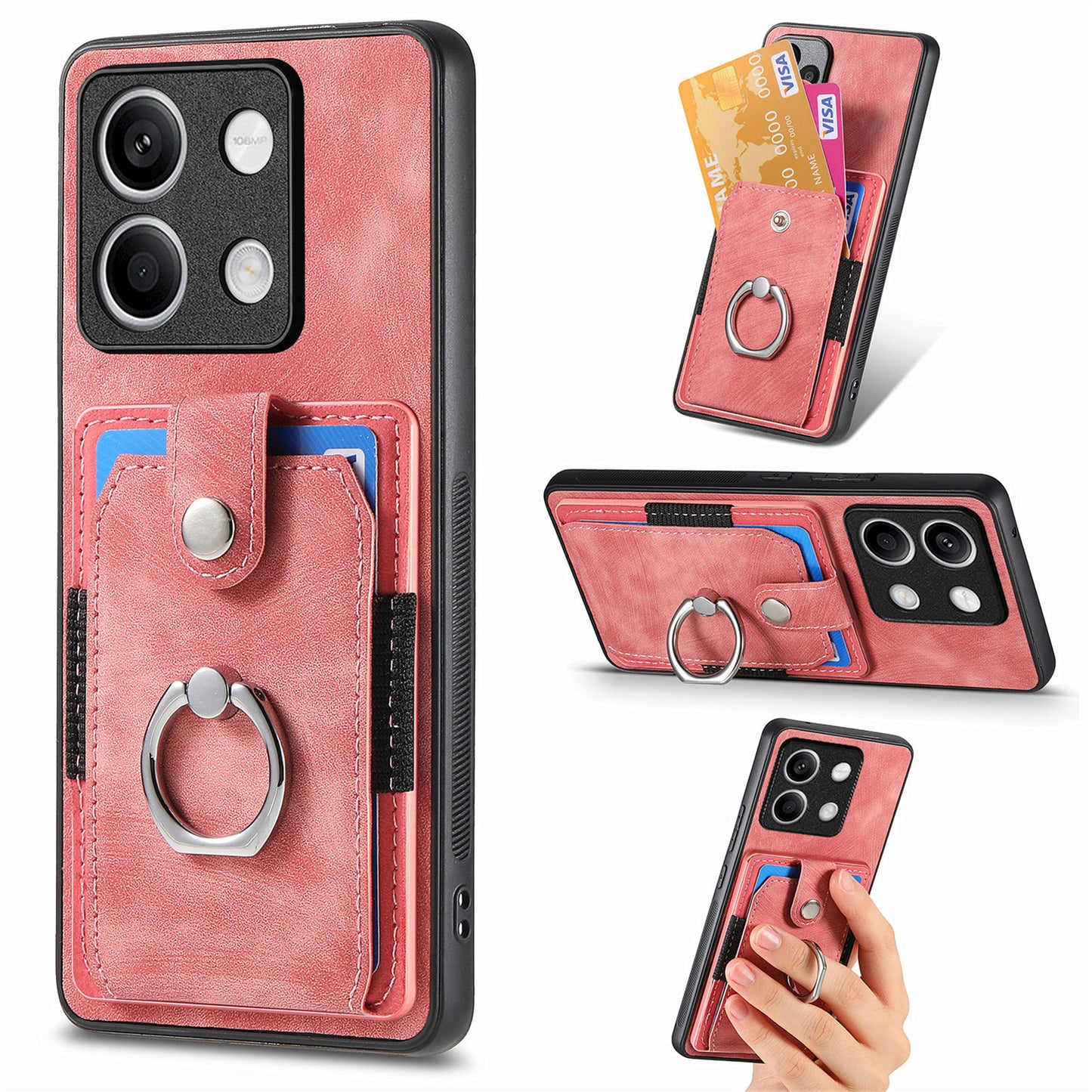 D2 for Xiaomi Redmi Note 13 4G Case Card Slots Retro Leather Coated TPU Kickstand Cover - Pink