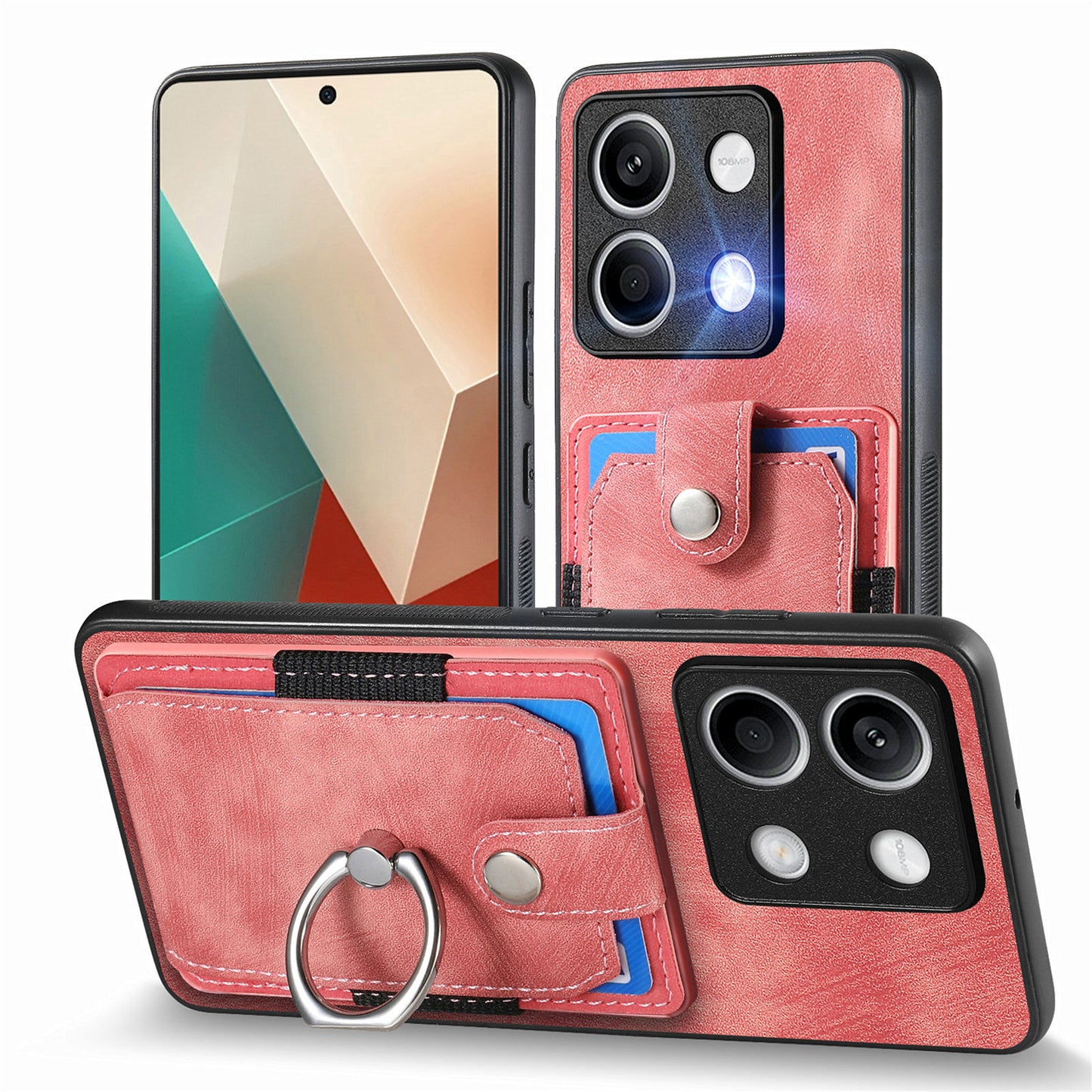 D2 for Xiaomi Redmi Note 13 4G Case Card Slots Retro Leather Coated TPU Kickstand Cover - Pink