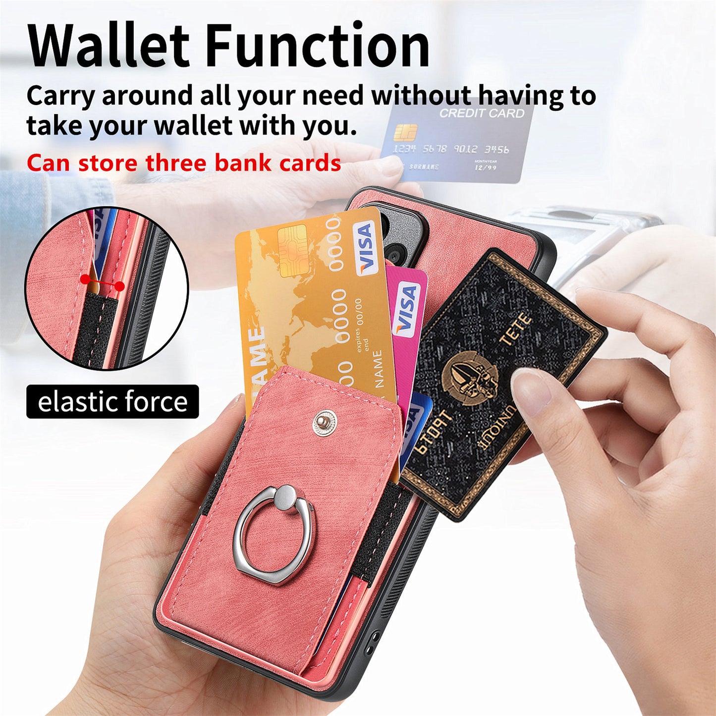 D2 for Xiaomi Redmi Note 13 4G Case Card Slots Retro Leather Coated TPU Kickstand Cover - Pink