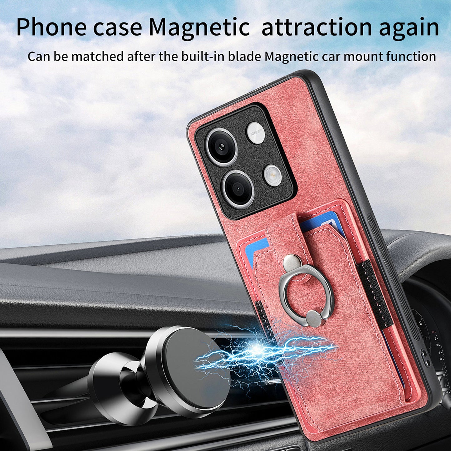 D2 for Xiaomi Redmi Note 13 4G Case Card Slots Retro Leather Coated TPU Kickstand Cover - Pink
