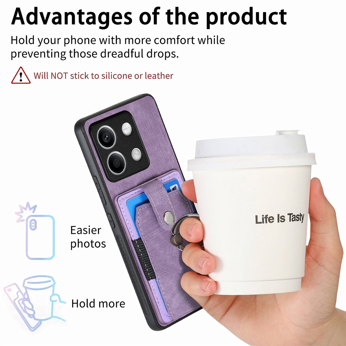 D2 for Xiaomi Redmi Note 13 4G Case Card Slots Retro Leather Coated TPU Kickstand Cover - Purple