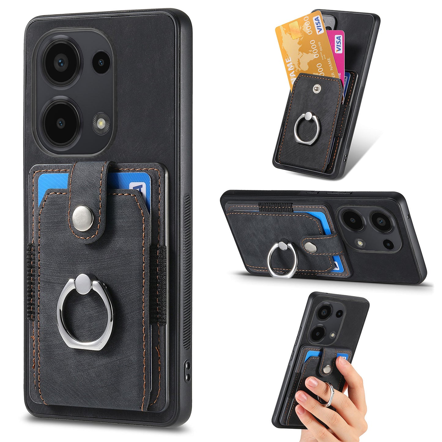 D2 for Xiaomi Redmi Note 13 Pro 4G / Poco M6 Pro 4G Case Card Slots Retro PU+TPU Cover with Kickstand - Black