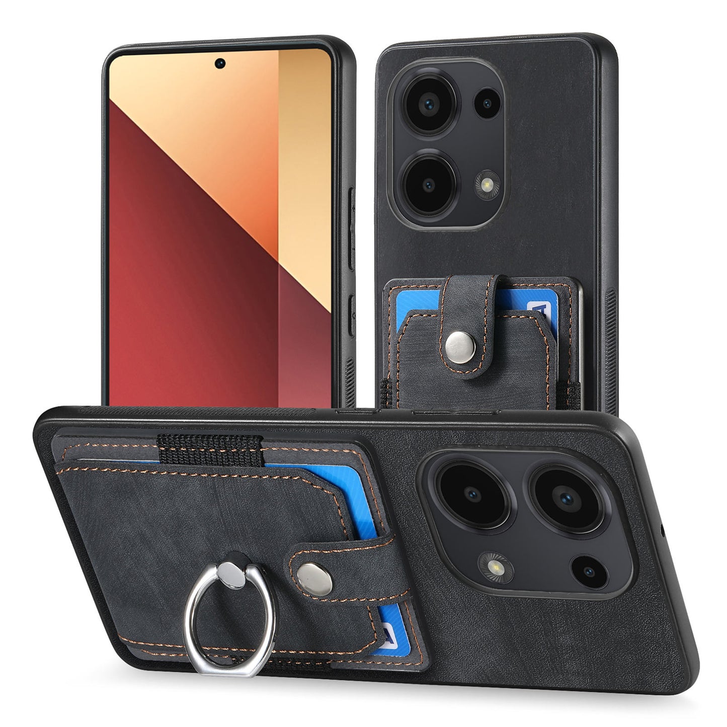 D2 for Xiaomi Redmi Note 13 Pro 4G / Poco M6 Pro 4G Case Card Slots Retro PU+TPU Cover with Kickstand - Black