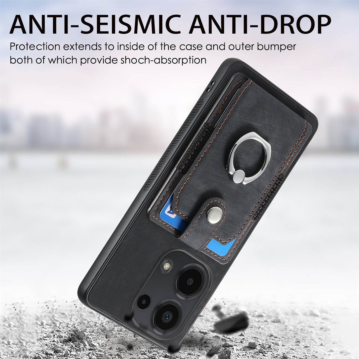 D2 for Xiaomi Redmi Note 13 Pro 4G / Poco M6 Pro 4G Case Card Slots Retro PU+TPU Cover with Kickstand - Black