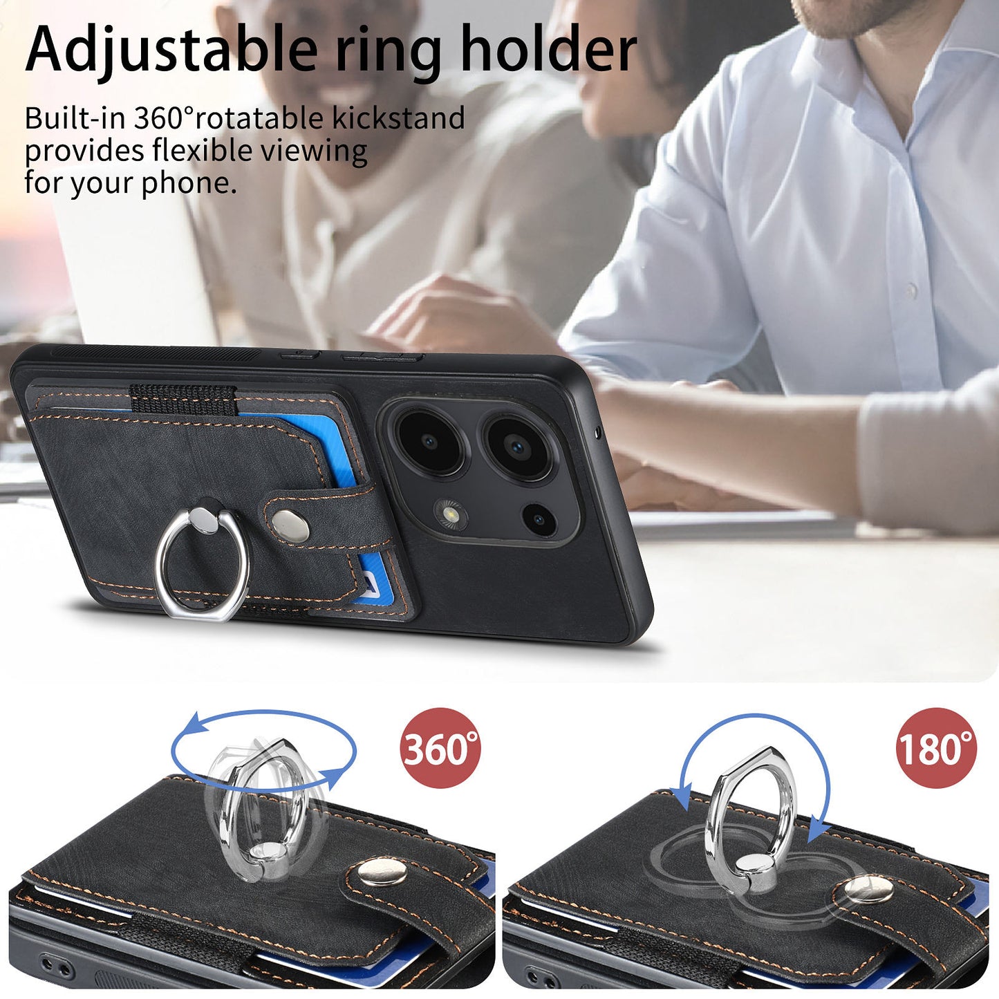 D2 for Xiaomi Redmi Note 13 Pro 4G / Poco M6 Pro 4G Case Card Slots Retro PU+TPU Cover with Kickstand - Black