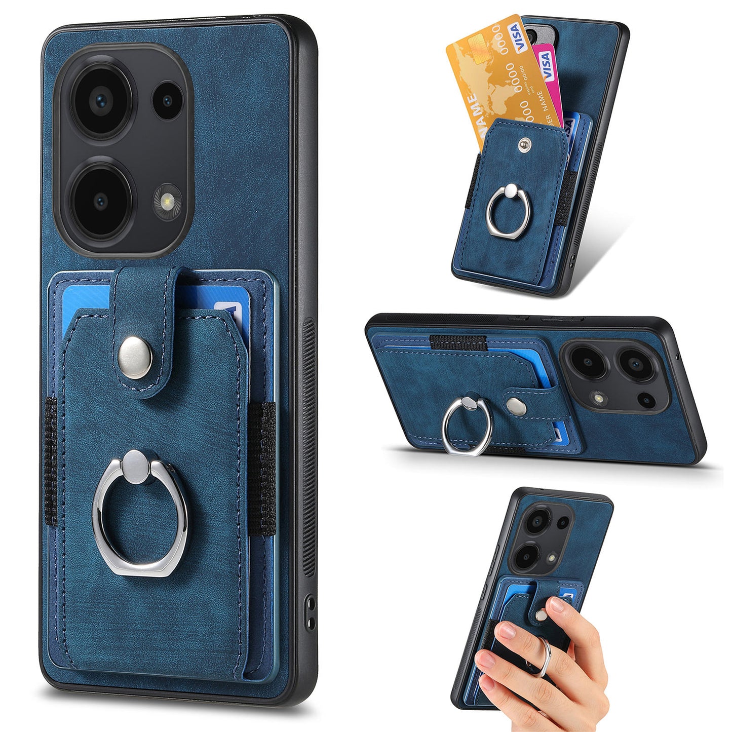 D2 for Xiaomi Redmi Note 13 Pro 4G / Poco M6 Pro 4G Case Card Slots Retro PU+TPU Cover with Kickstand - Blue