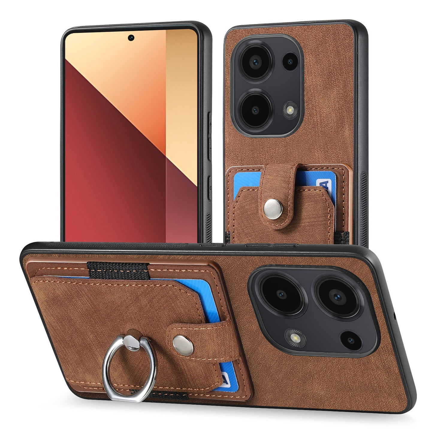 D2 for Xiaomi Redmi Note 13 Pro 4G / Poco M6 Pro 4G Case Card Slots Retro PU+TPU Cover with Kickstand - Brown