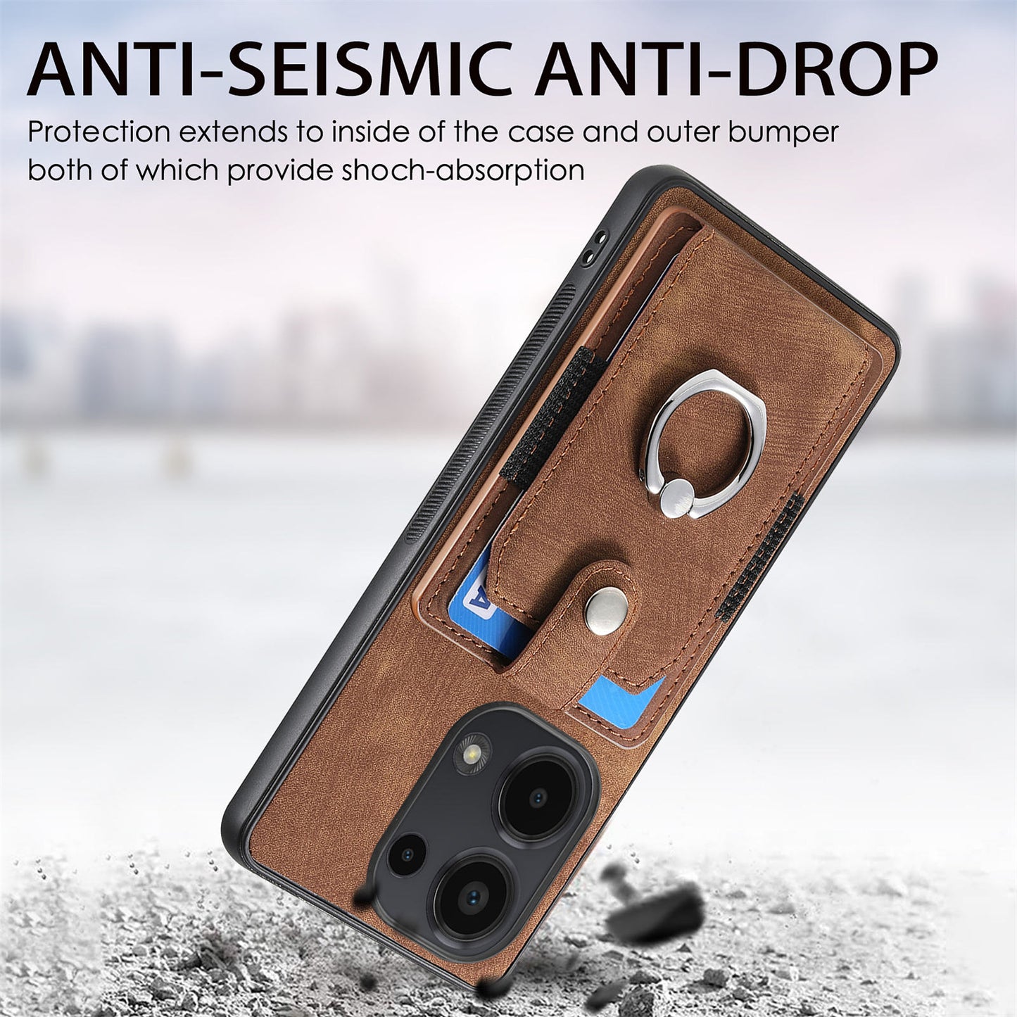D2 for Xiaomi Redmi Note 13 Pro 4G / Poco M6 Pro 4G Case Card Slots Retro PU+TPU Cover with Kickstand - Brown