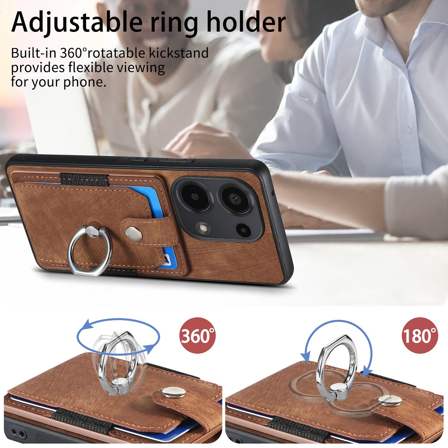 D2 for Xiaomi Redmi Note 13 Pro 4G / Poco M6 Pro 4G Case Card Slots Retro PU+TPU Cover with Kickstand - Brown