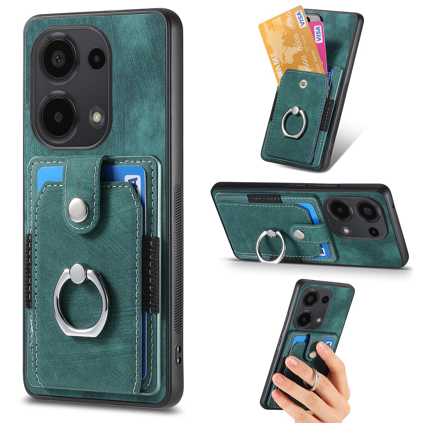D2 for Xiaomi Redmi Note 13 Pro 4G / Poco M6 Pro 4G Case Card Slots Retro PU+TPU Cover with Kickstand - Green