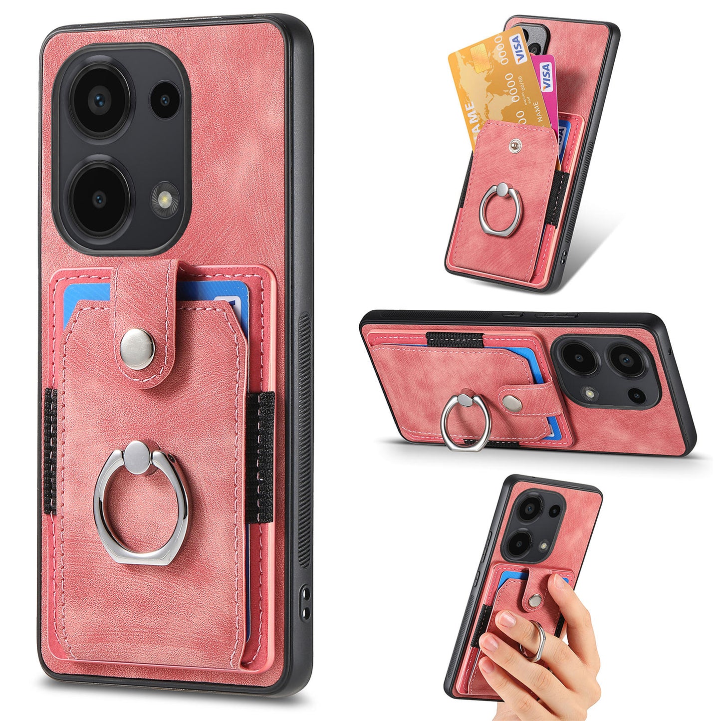 D2 for Xiaomi Redmi Note 13 Pro 4G / Poco M6 Pro 4G Case Card Slots Retro PU+TPU Cover with Kickstand - Pink