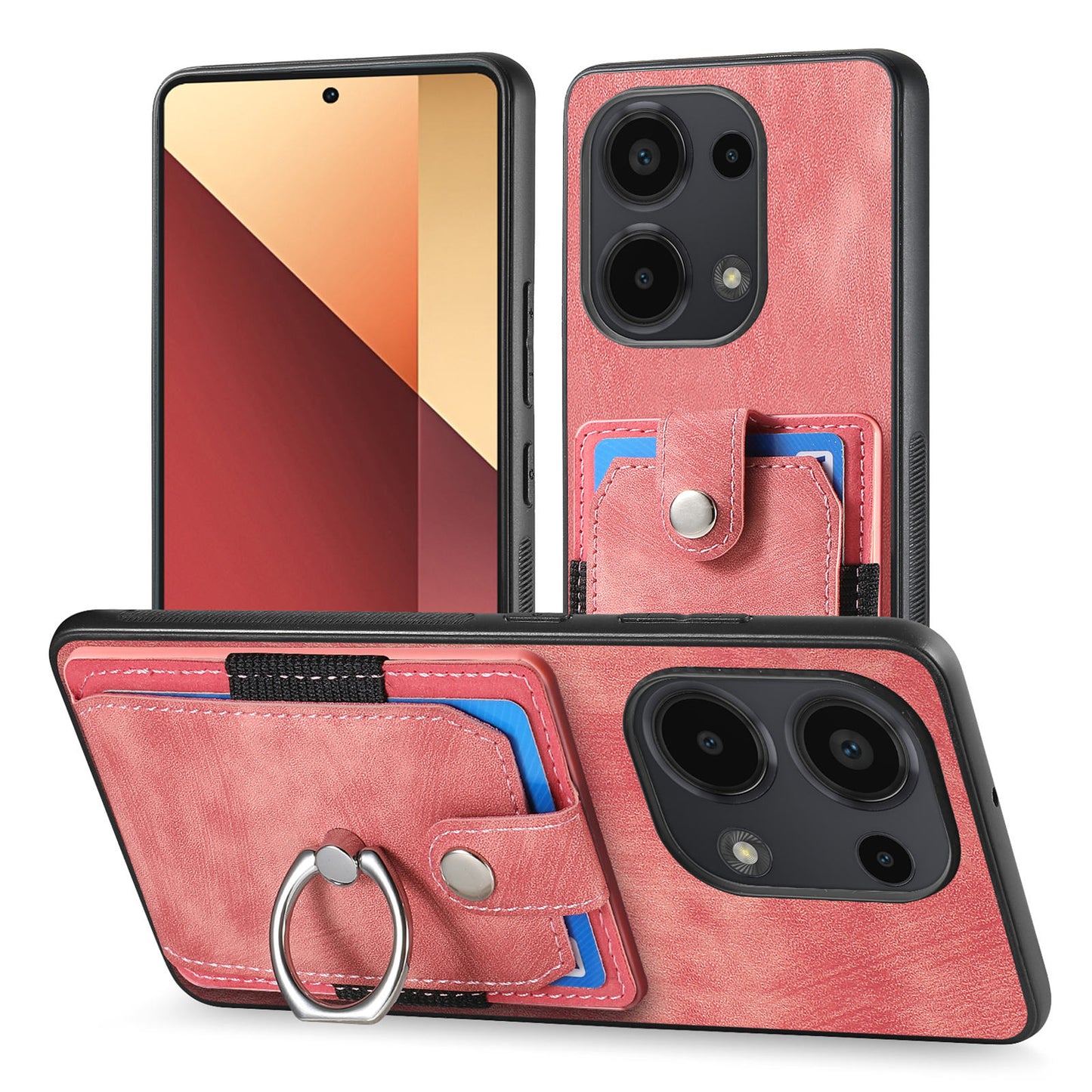 D2 for Xiaomi Redmi Note 13 Pro 4G / Poco M6 Pro 4G Case Card Slots Retro PU+TPU Cover with Kickstand - Pink