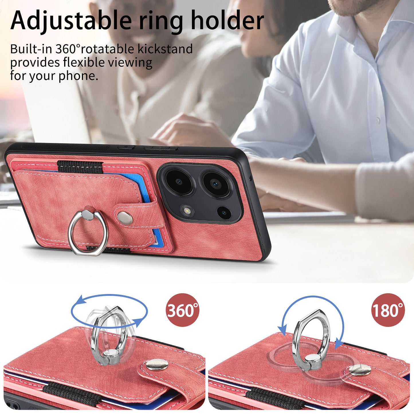 D2 for Xiaomi Redmi Note 13 Pro 4G / Poco M6 Pro 4G Case Card Slots Retro PU+TPU Cover with Kickstand - Pink