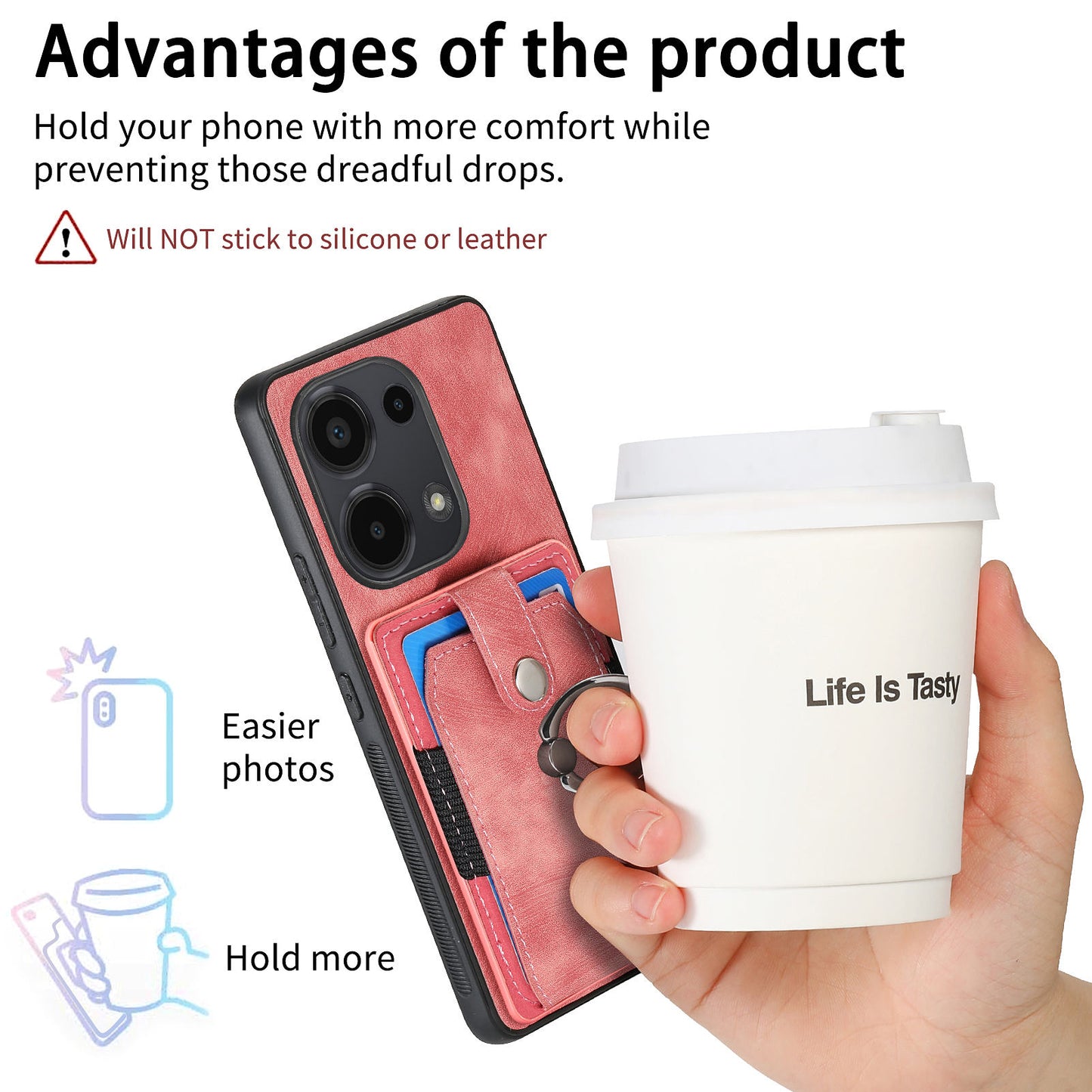 D2 for Xiaomi Redmi Note 13 Pro 4G / Poco M6 Pro 4G Case Card Slots Retro PU+TPU Cover with Kickstand - Pink