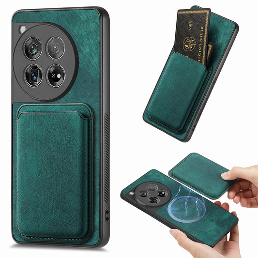 D12 For OnePlus 12 5G Case Vintage PU Leather+TPU Phone Cover with Magnetic Card Slot - Green