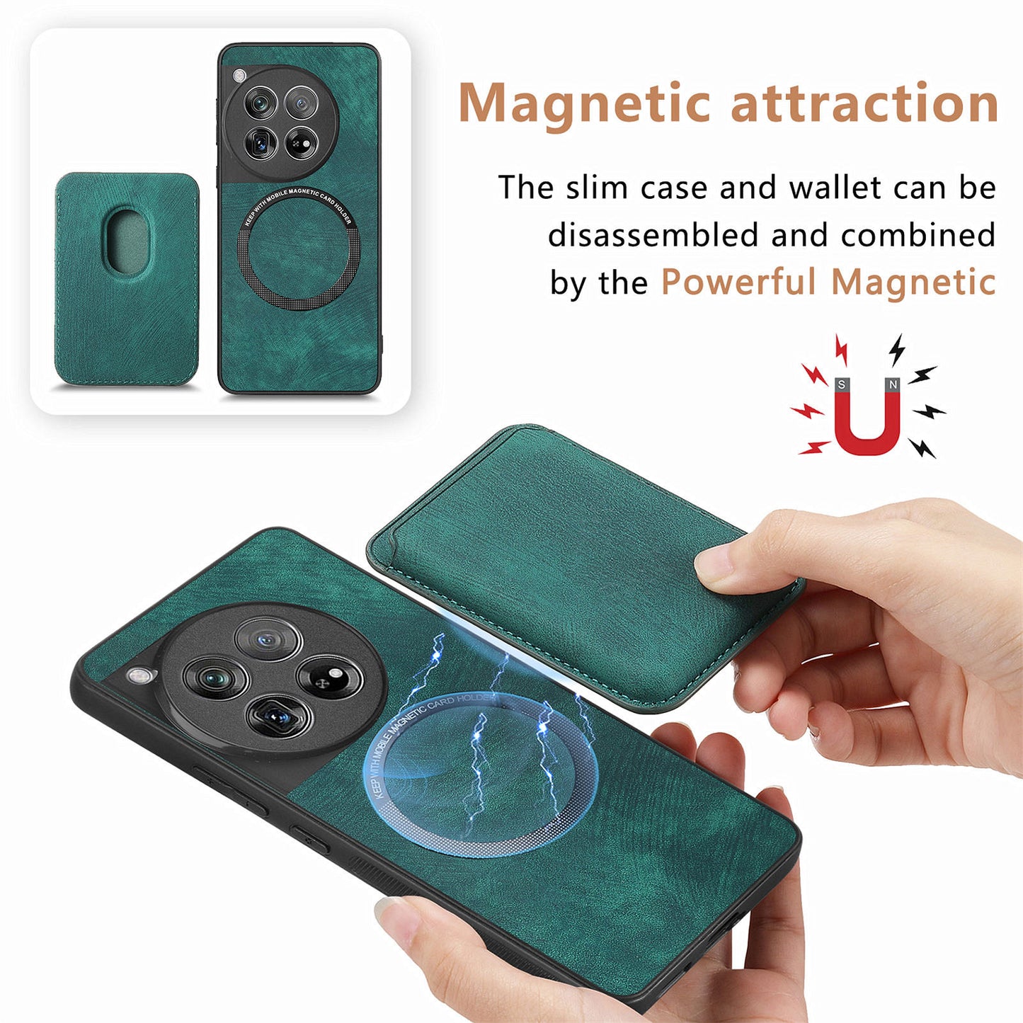 D12 For OnePlus 12 5G Case Vintage PU Leather+TPU Phone Cover with Magnetic Card Slot - Green