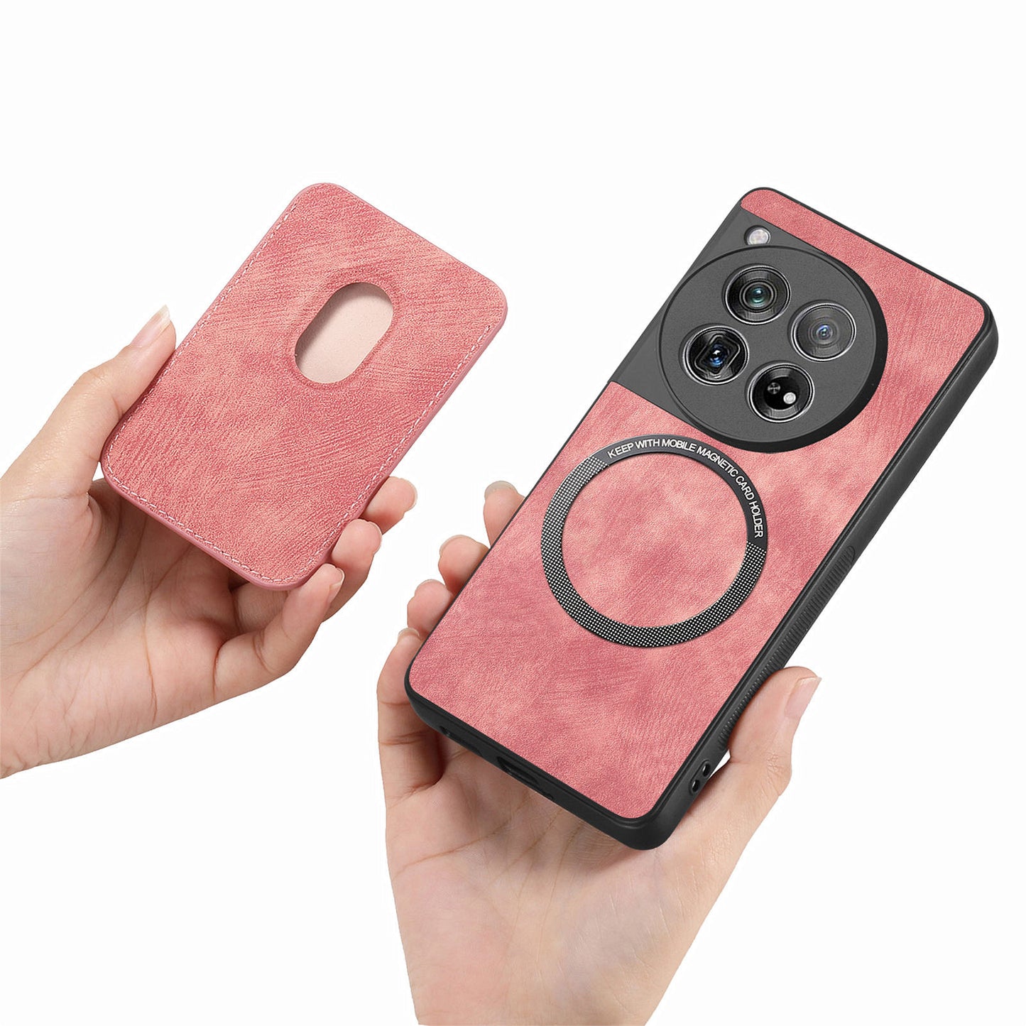 D12 For OnePlus 12 5G Case Vintage PU Leather+TPU Phone Cover with Magnetic Card Slot - Pink