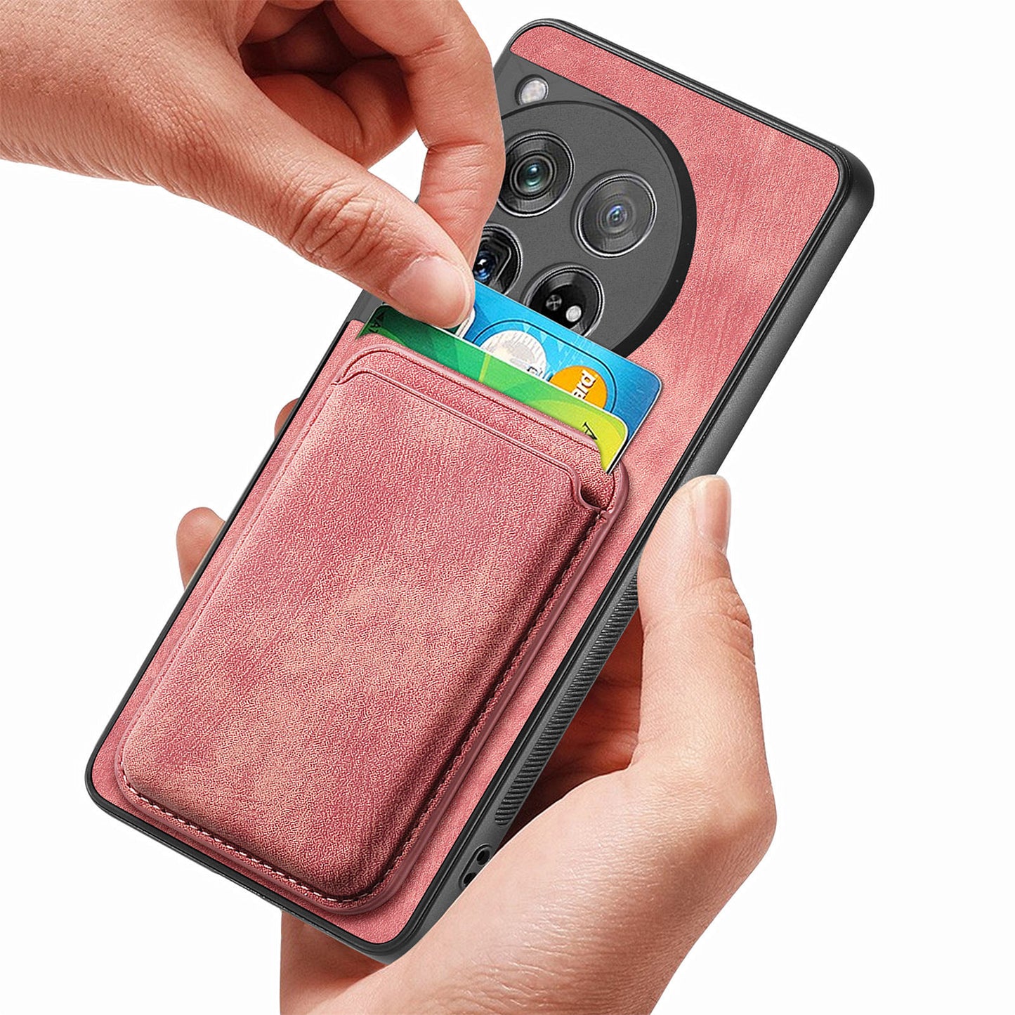 D12 For OnePlus 12 5G Case Vintage PU Leather+TPU Phone Cover with Magnetic Card Slot - Pink